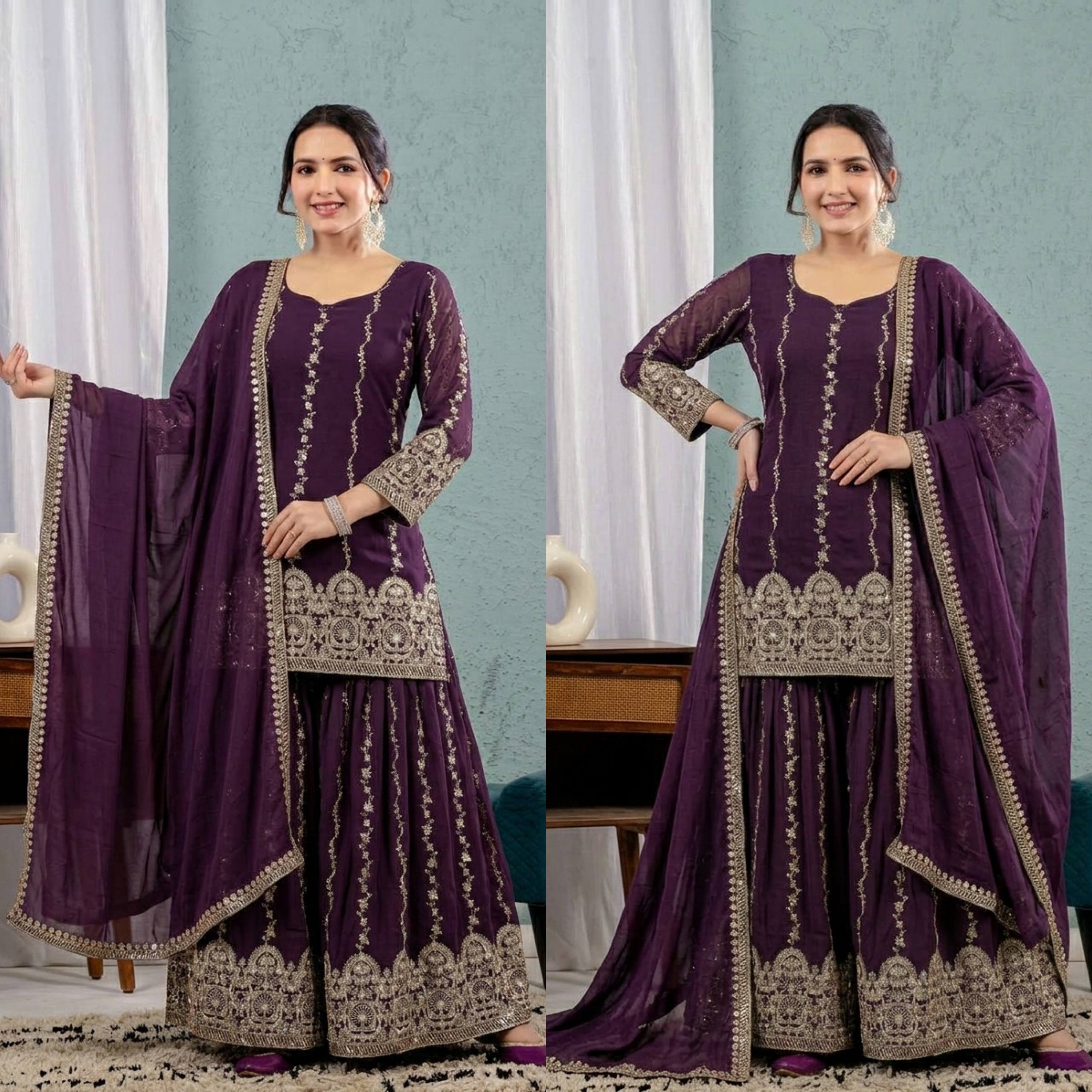 Exquisite Deep Wine Sharara Suit Set Embellished with Intricate Silver Zari Embroidery, Vertical Floral Motifs, and an Ornate Heritage Border
